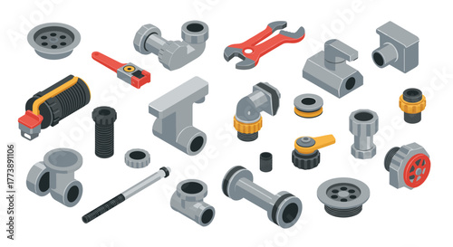Isometric plumbing and hardware components set with tools and pipe fittings for repair and maintenance