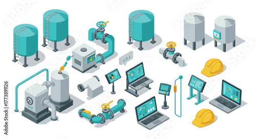 Industrial equipment isometric icons featuring tanks, valves, and laptops for workflow management