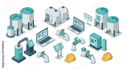 Industrial equipment and technology in isometric style featuring tanks, valves, and laptops