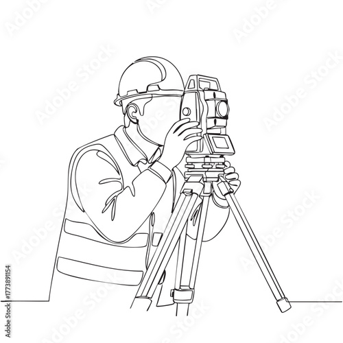 A continuous line drawing depicts a professional surveyor meticulously operating a total station on a tripod, symbolizing precision in engineering and construction.