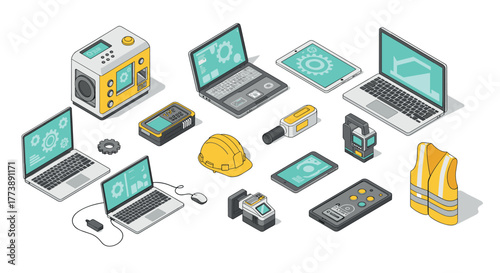 Isometric technology and construction equipment icons set featuring laptops and safety gear