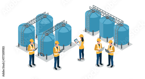 Isometric industrial workers monitoring large blue metal tanks with ladders and safety gear