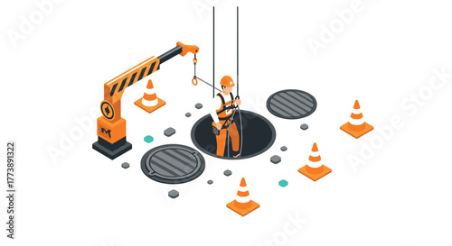 Construction worker in safety gear entering manhole with crane and traffic cones