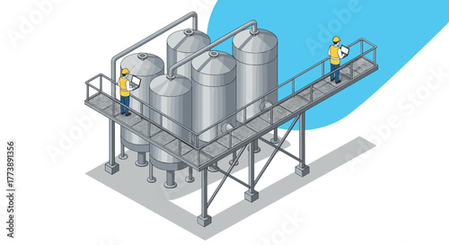 Industrial isometric design of workers inspecting modern brewery tanks with elevated walkway