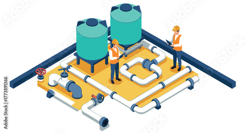 Isometric industrial scene with workers and pipelines