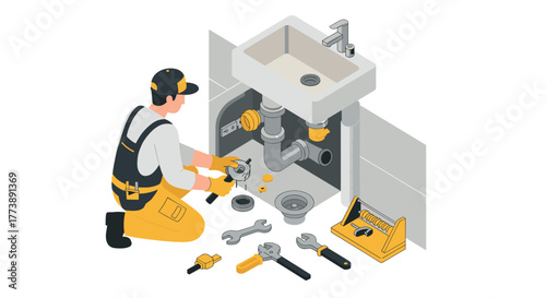 Plumber fixing kitchen sink with tools in isometric style