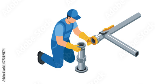 Isometric plumber repairing pipe with wrench and valve on white background