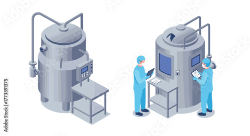 Isometric industrial process engineers monitoring advanced stainless steel machinery