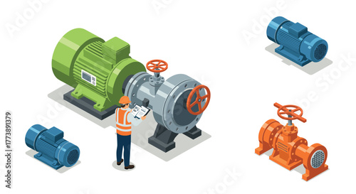 Isometric industrial equipment with engineer inspecting pump and motors