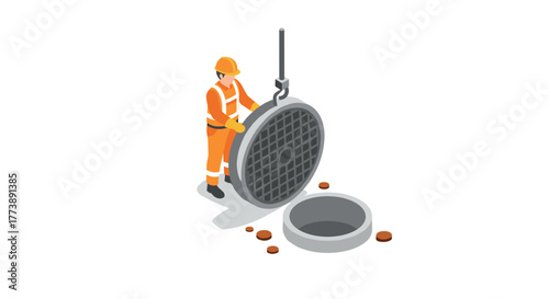 Isometric worker lifting manhole cover urban construction scene with safety gear