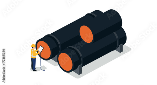 Isometric worker inspecting large industrial pipelines for maintenance and safety
