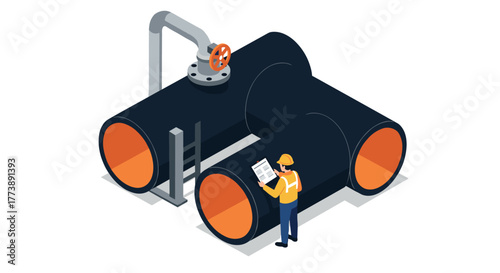 Industrial engineer analyzing pipeline system blueprint in isometric style
