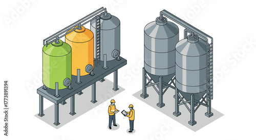 Industrial tanks isometric design with engineers in hard hats discussing