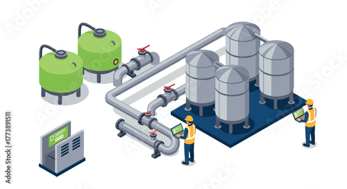 Industrial plant management isometric design with engineers and machinery