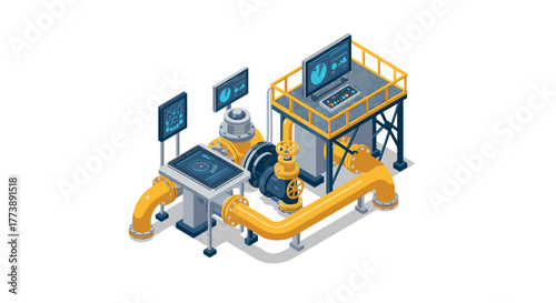 Futuristic isometric industrial control room with advanced machinery and monitoring systems