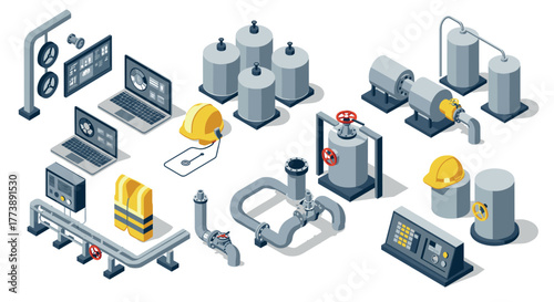 Industrial equipment and safety gear in isometric style for manufacturing environments