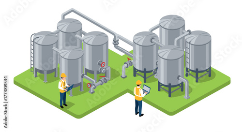 Isometric industrial facility with engineers inspecting metal storage tanks