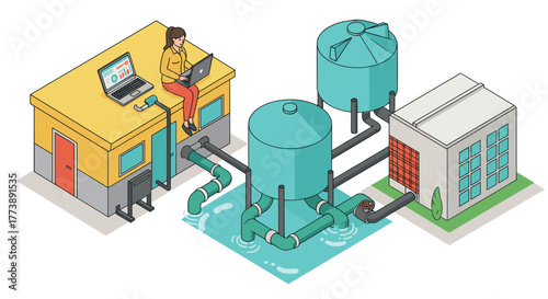 Isometric water treatment plant with woman working on rooftop laptop
