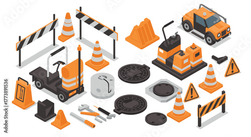 Isometric construction elements with tools and safety barriers in orange and gray