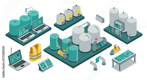 Industrial equipment and safety gear in isometric design for factory and automation concepts
