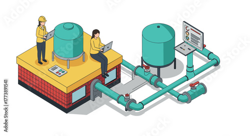 Industrial water system isometric design with technical workers and control panel