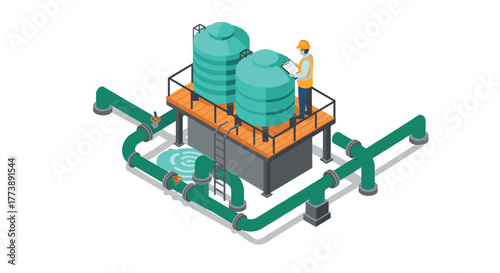 Isometric industrial water treatment system with worker inspecting storage tanks