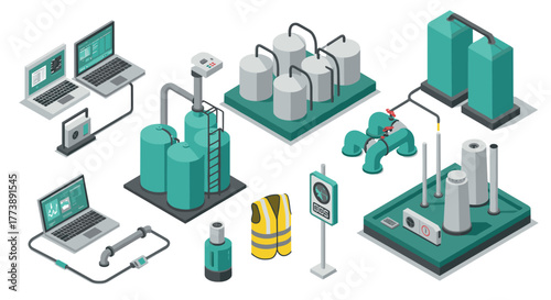 Industrial equipment and infrastructure in isometric design for modern manufacturing