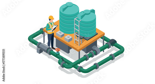 Isometric industrial water system with engineer in hard hat and safety vest