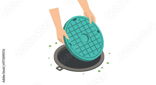 Isometric hands lifting aqua manhole cover on white background