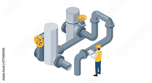 Isometric industrial engineer managing factory pipe systems with tablet for efficiency