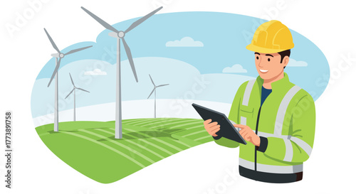 Engineer monitoring renewable energy sources at wind farm