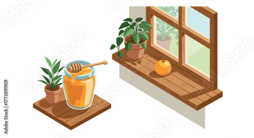 Cozy kitchen scene honey jar, plants, and sunlit window in isometric style
