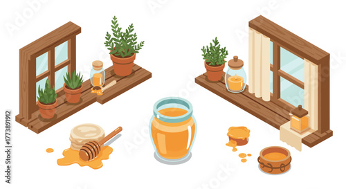 Cozy isometric autumn kitchen with honey and herbs by the window