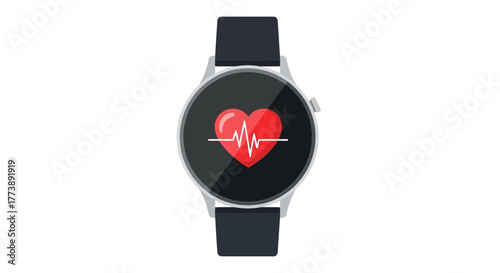 Vector illustration of a smartwatch displaying a red heart with a pulsing waveform on a black circular screen
