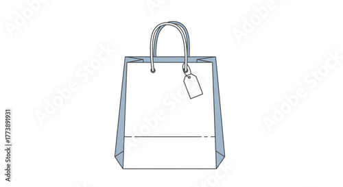 A rectangular shopping bag with a blank label hanging from the handles. The bag is white with blue trim