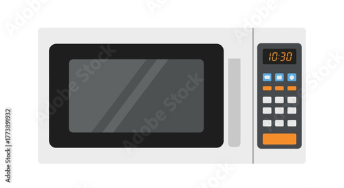 Flat illustration of a white kitchen appliance with a glass door, digital clock, and keypad. It is a microwave oven