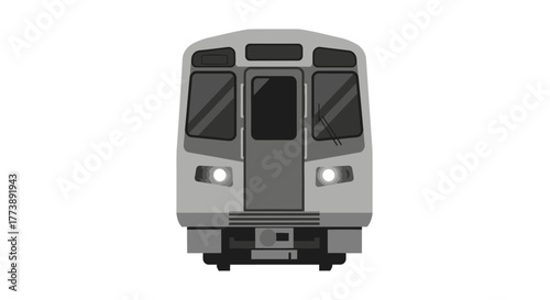 Front view of a gray train with multiple windows and headlights, centered against a white background