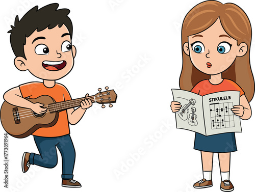 Cartoon children playing ukulele music, boy strumming instrument, girl learning chords, musical learning illustration