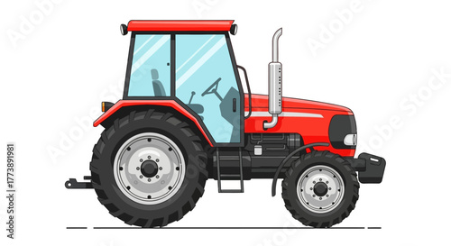 Side view of a bright red farm tractor with large black tires, a glass cabin, and a vertical exhaust pipe