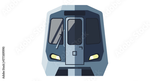 Front view of a stylized, modern mass transit vehicle, primarily gray, with headlights and driver's area highlighted