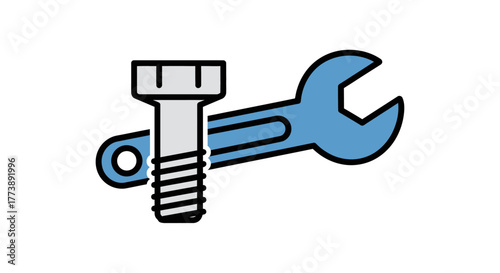 Simple vector illustration of a bolt and a wrench, tools overlaid. White background. Clear line art and color