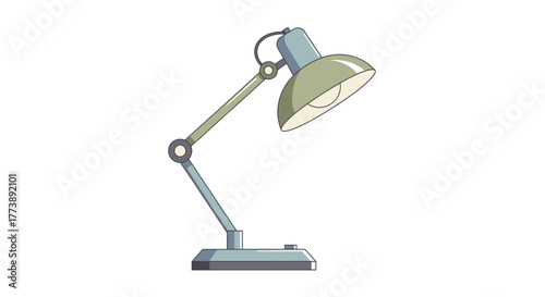 A simple, animated desk lamp illustration, featuring a movable arm, adjustable head, and a lit bulb, against a white background