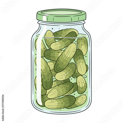Jar of pickles filled with green cucumbers in brine  