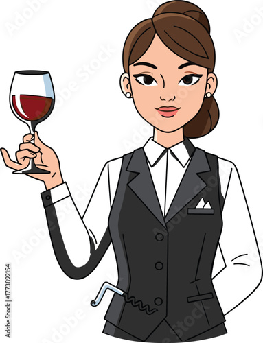 Cartoon sommelier woman illustration, wine steward character, corkscrew arm concept, hospitality service art, wine tasting design