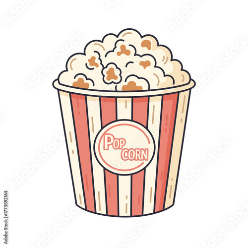 Popcorn bucket filled with fluffy popcorn in a striped container  