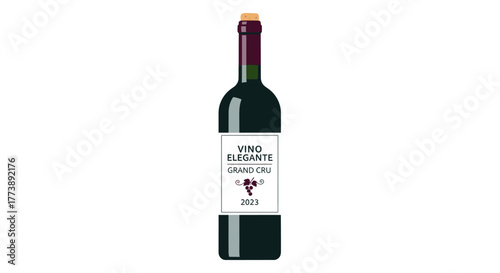 A dark wine bottle with a simple white label displaying "VINO ELEGANTE GRAND CRU 2023", burgundy cap and label illustration of a grape bunch