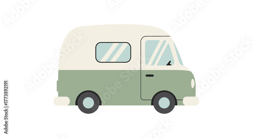 A side view of a vintage van in pastel green and cream, featuring windows and a door, ideal for travel