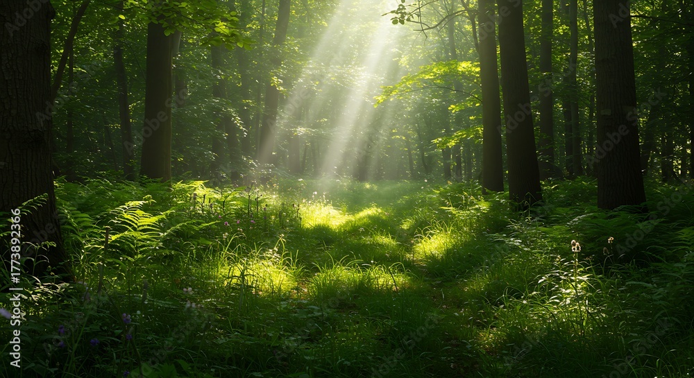 Obraz premium Sunlight filtering through tall trees in a lush green forest, illuminating ferns and undergrowth.
