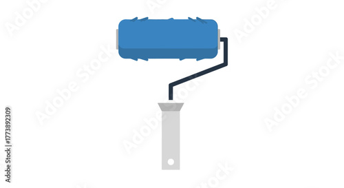 An isolated illustration shows a blue paint roller, handle up, ready for painting. The tool is crisp and clean against white