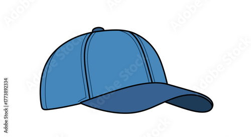 A simple, cartoon illustration of a blue baseball cap, featuring a curved brim and stitched panels, isolated on white